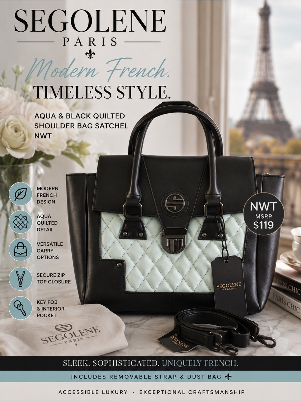 Segolene Paris NWT Aqua & Black Quilted Shoulder Bag Satchel Medium $119 MSRP